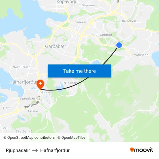 Rjúpnasalir to Hafnarfjordur map