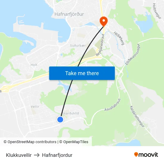 Klukkuvellir to Hafnarfjordur map