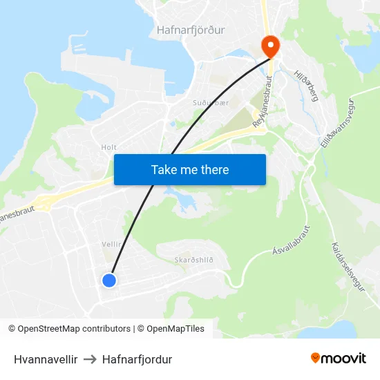 Hvannavellir to Hafnarfjordur map
