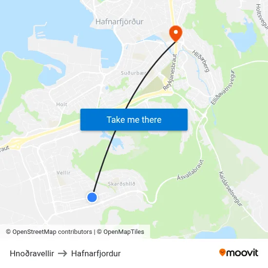 Hnoðravellir to Hafnarfjordur map