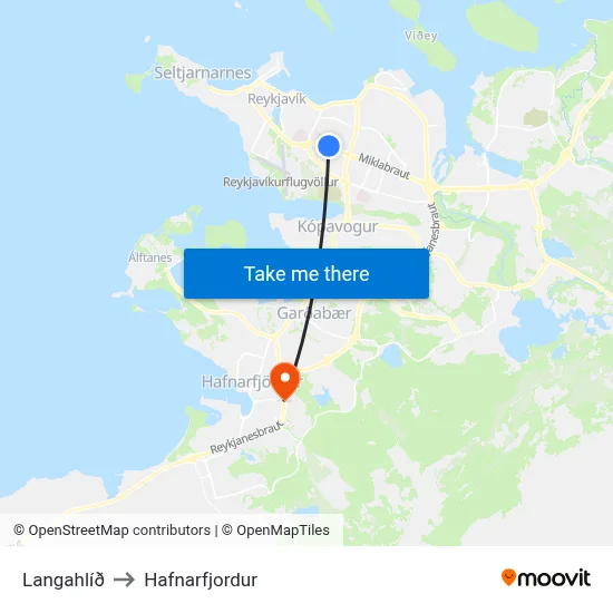 Langahlíð to Hafnarfjordur map
