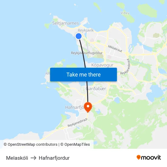 Melaskóli to Hafnarfjordur map