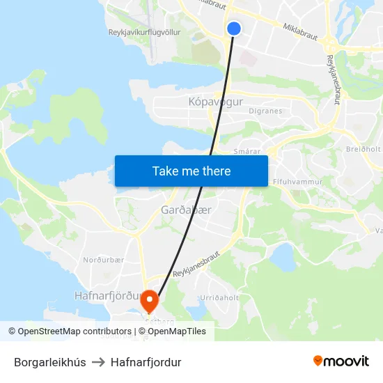 Borgarleikhús to Hafnarfjordur map