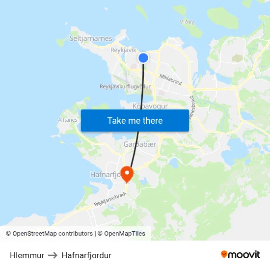 Hlemmur to Hafnarfjordur map