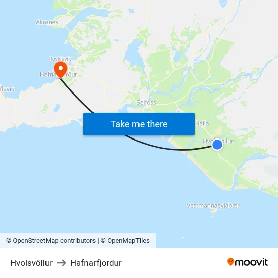 Hvolsvöllur to Hafnarfjordur map