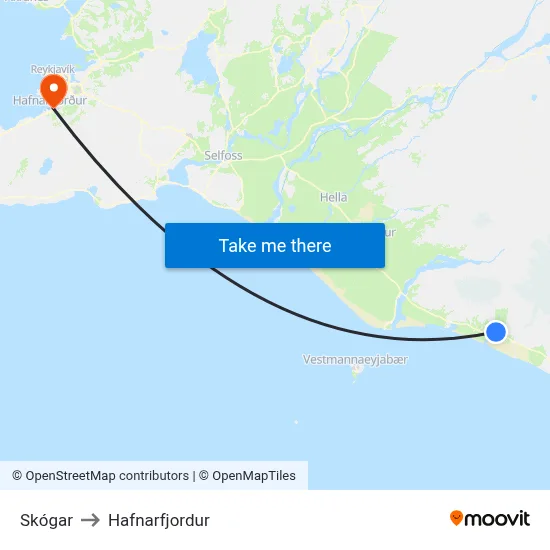 Skógar to Hafnarfjordur map