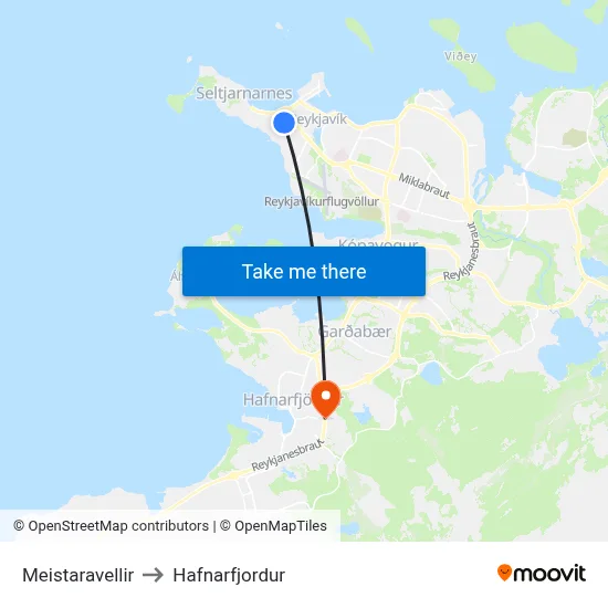 Meistaravellir to Hafnarfjordur map