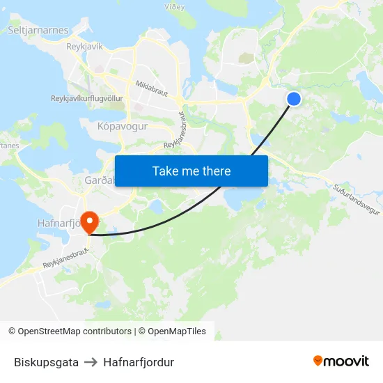 Biskupsgata to Hafnarfjordur map