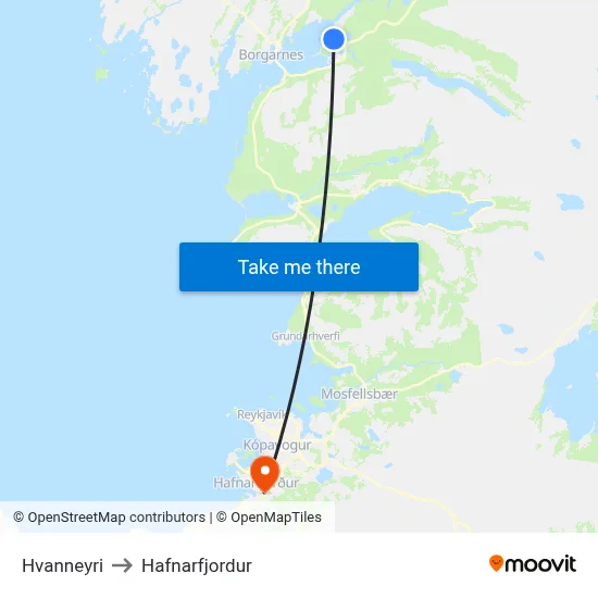 Hvanneyri to Hafnarfjordur map