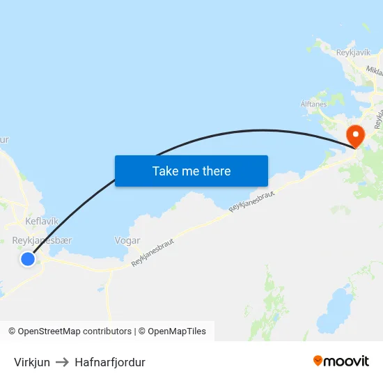 Virkjun to Hafnarfjordur map