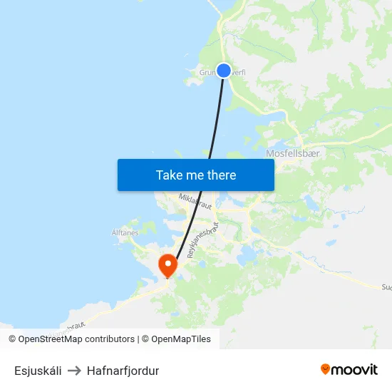 Esjuskáli to Hafnarfjordur map