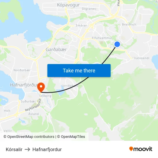 Kórsalir to Hafnarfjordur map