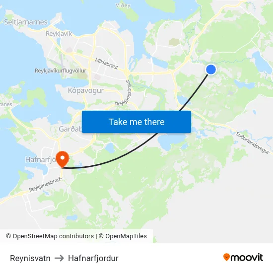 Reynisvatn to Hafnarfjordur map