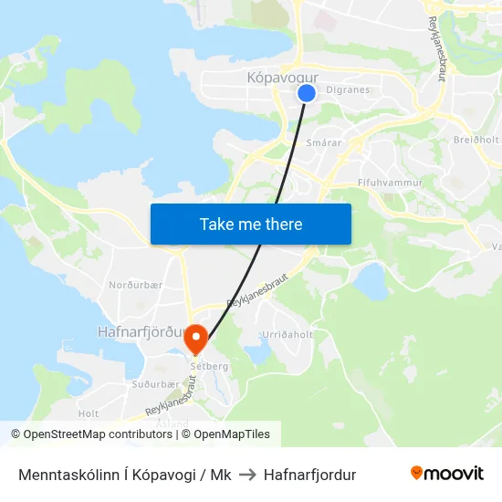 Menntaskólinn Í Kópavogi / Mk to Hafnarfjordur map