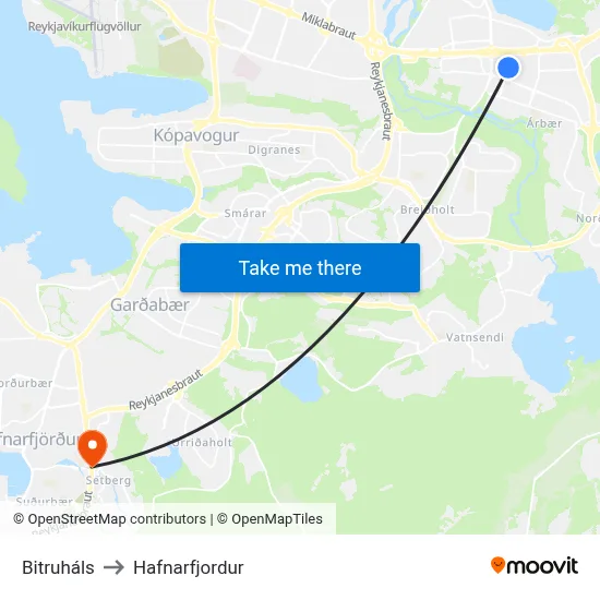 Bitruháls to Hafnarfjordur map