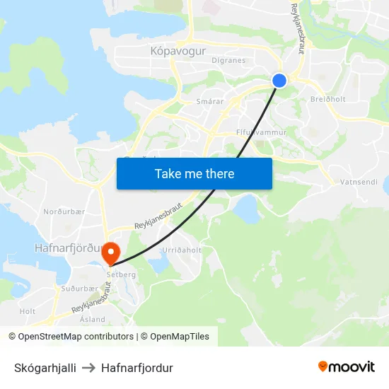 Skógarhjalli to Hafnarfjordur map