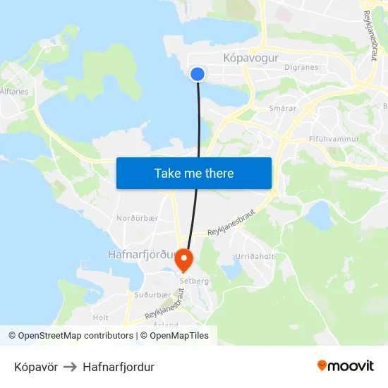 Kópavör to Hafnarfjordur map