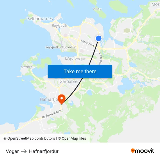 Vogar to Hafnarfjordur map