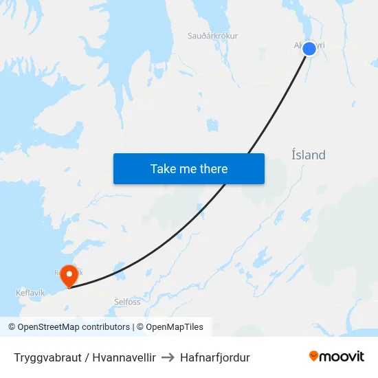 Tryggvabraut / Hvannavellir to Hafnarfjordur map