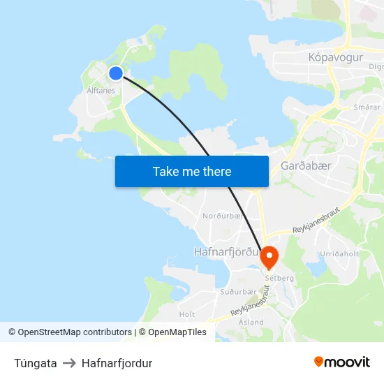 Túngata to Hafnarfjordur map
