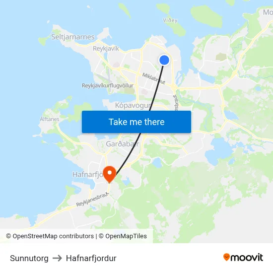 Sunnutorg to Hafnarfjordur map