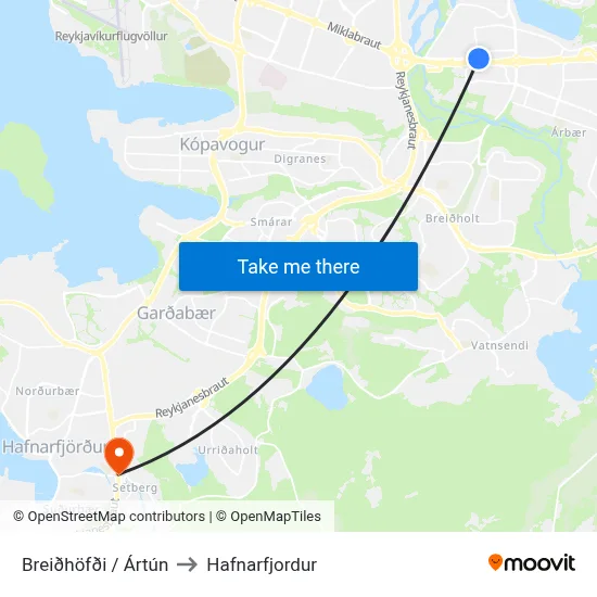 Breiðhöfði / Ártún to Hafnarfjordur map