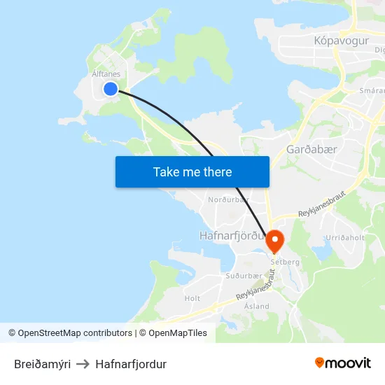 Breiðamýri to Hafnarfjordur map