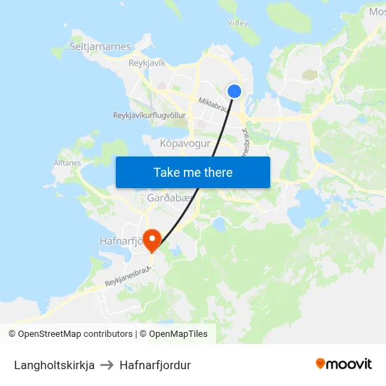 Langholtskirkja to Hafnarfjordur map