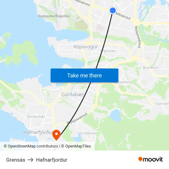 Grensás to Hafnarfjordur map