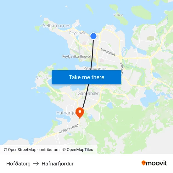 Höfðatorg to Hafnarfjordur map