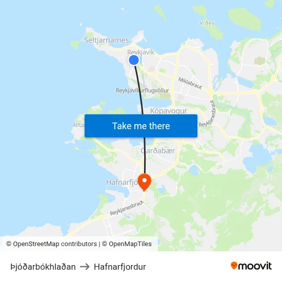 Þjóðarbókhlaðan to Hafnarfjordur map