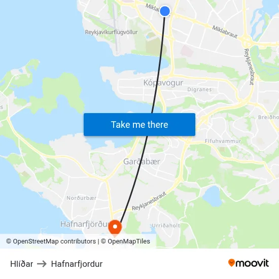 Hlíðar to Hafnarfjordur map
