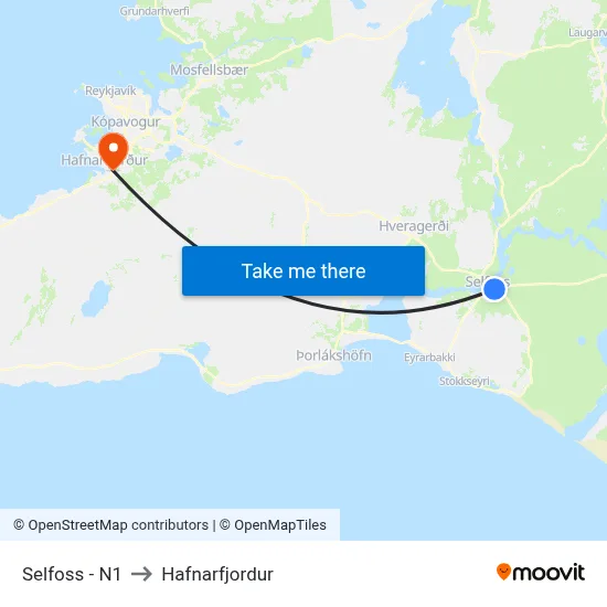 Selfoss - N1 to Hafnarfjordur map
