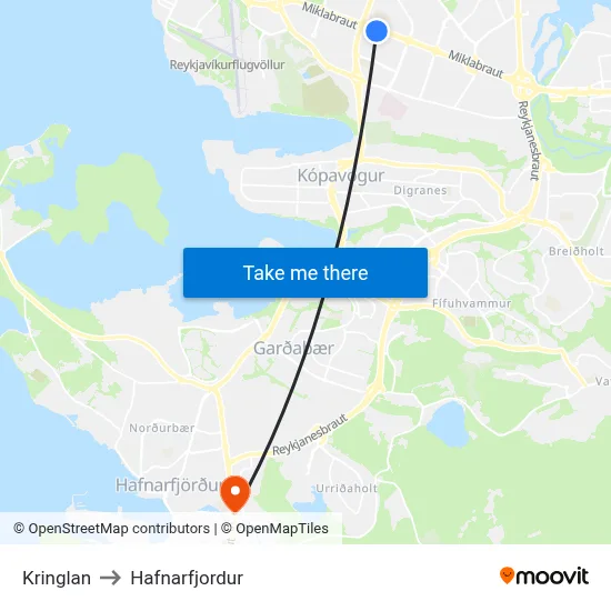 Kringlan to Hafnarfjordur map