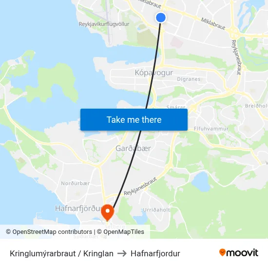 Kringlumýrarbraut / Kringlan to Hafnarfjordur map