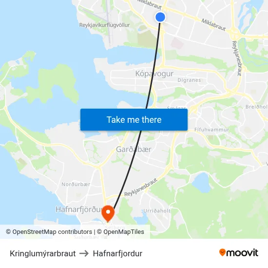 Kringlumýrarbraut to Hafnarfjordur map