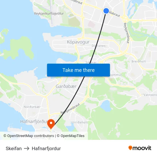 Skeifan to Hafnarfjordur map