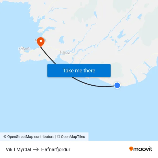 Vík Í Mýrdal to Hafnarfjordur map