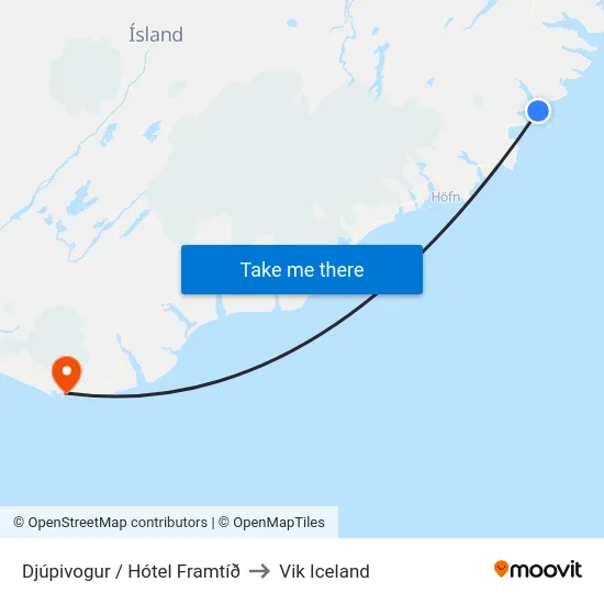Djúpivogur / Hótel Framtíð to Vik Iceland map