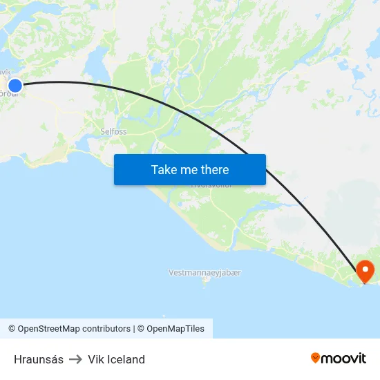 Hraunsás to Vik Iceland map