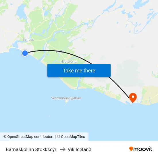 Barnaskólinn Stokkseyri to Vik Iceland map