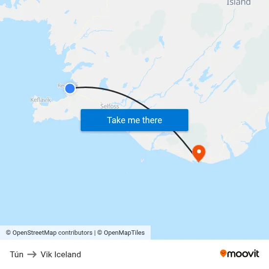 Tún to Vik Iceland map