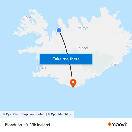 Blönduós to Vik Iceland map