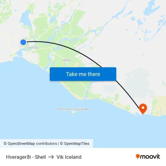 Hveragerði - Shell to Vik Iceland map