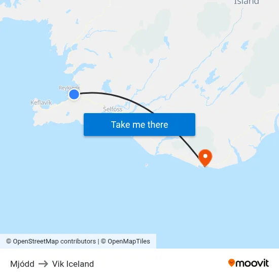 Mjódd to Vik Iceland map