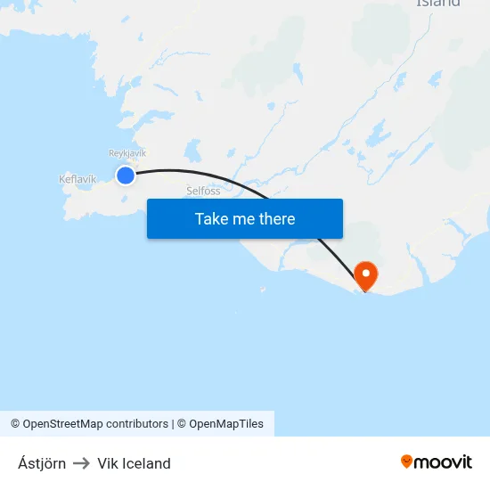 Ástjörn to Vik Iceland map