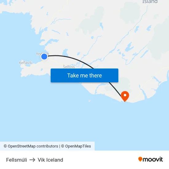 Fellsmúli to Vik Iceland map