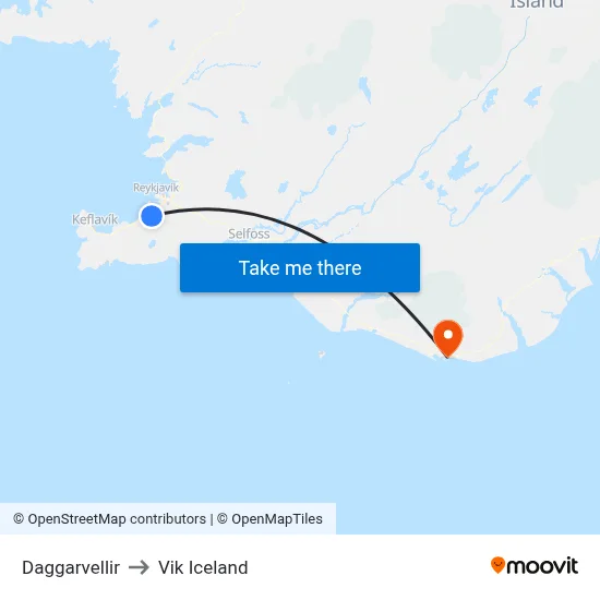 Daggarvellir to Vik Iceland map