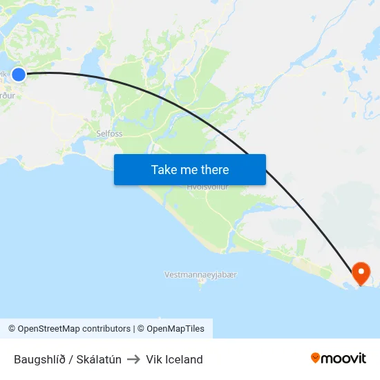 Baugshlíð / Skálatún to Vik Iceland map