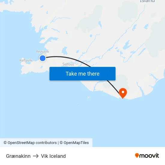 Grænakinn to Vik Iceland map